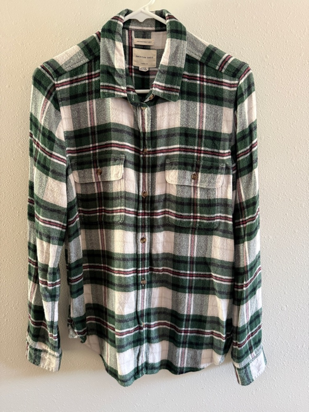 American Eagle Green, White & Burgundy Plaid Flannel Shirt